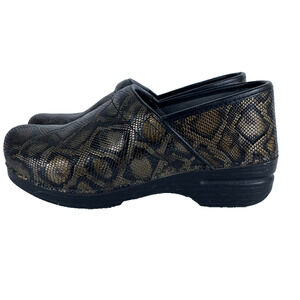 Dansko Metallic Gold Black Snake-Print Clogs